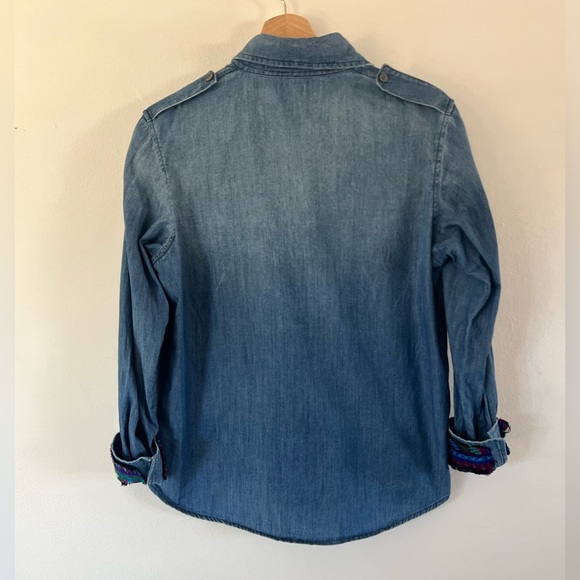 Jen’s Pirate Booty Distressed Denim Button Front Embroidered Flip-Cuff Shirt - Picture 11 of 13